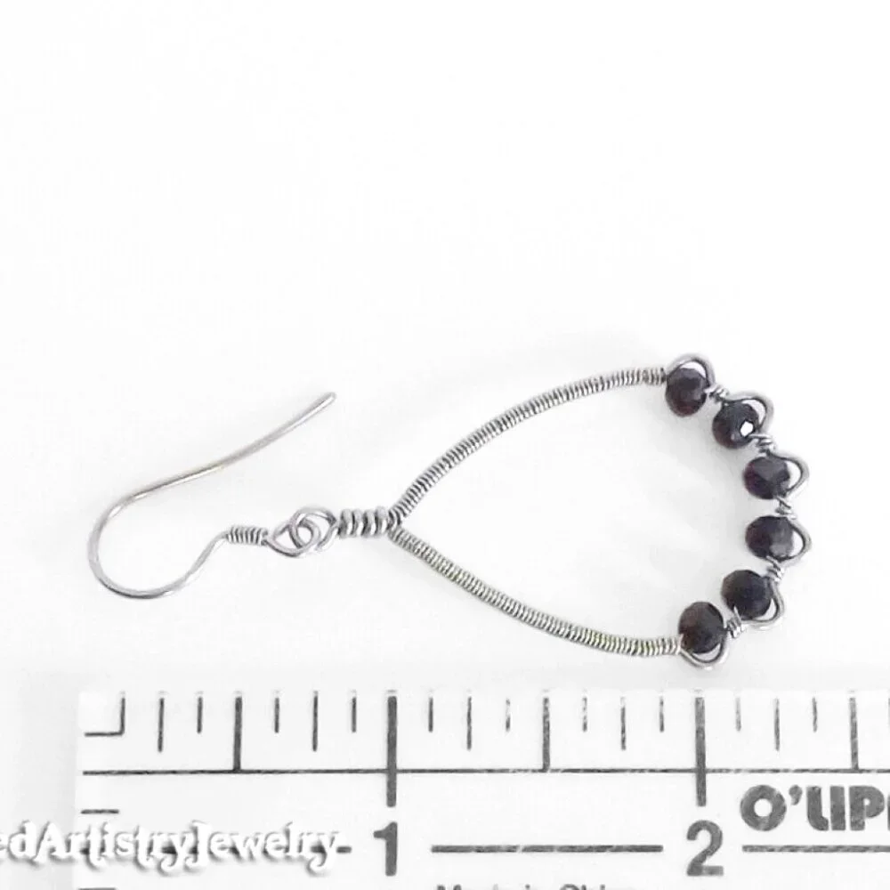Black Crystals Wire Wrapped ZigZag Teardrop Hoop Earrings - Picture 3 of 3